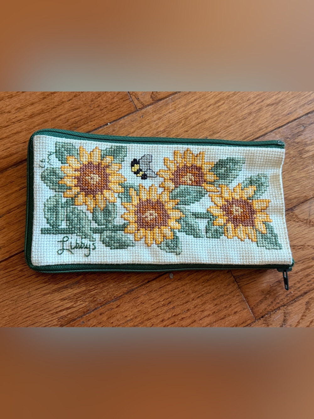 Vintage Sunflower Cross-Stitch Zipper Pouch - Green and Yellow